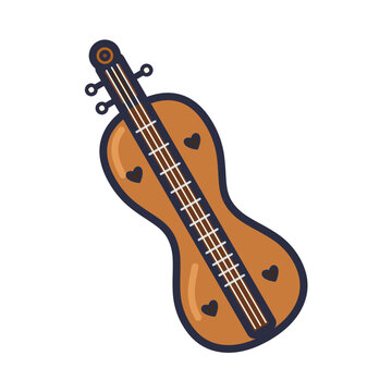 Appalachian mountain dulcimer with hourglass wooden body, heart sound holes and scroll head, flat cartoon vector icon isolated on white background
