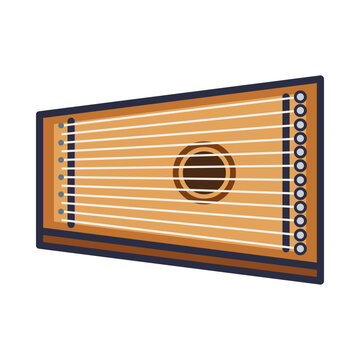 Wooden concert zither with trapezoid soundboard, round sound hole, many strings and a row of tuning pins, vector icon isolated on white background