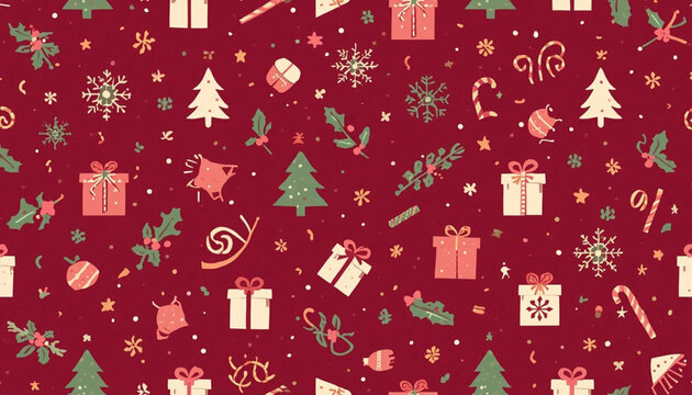 Flat vector Christmas pattern with trees, snowflakes, gifts and holly on red background for wrapping paper