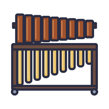 Wooden marimba with rosewood bars, golden resonator tubes and wheeled frame, orchestral percussion instrument vector icon isolated on white background