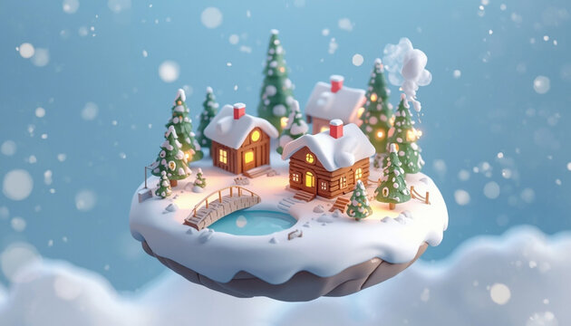 3D miniature snowy Christmas village with glowing cottages and pine trees on floating island at night