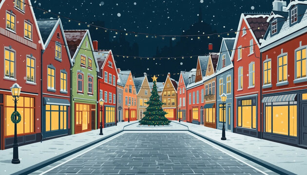 Flat vector illustration of snowy old town street at Christmas night with lights and decorated tree