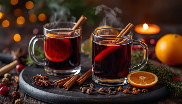 Hot mulled wine with orange, cinnamon and spices in glass mugs on dark wooden board with festive bokeh lights