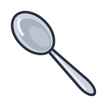 Silver tablespoon with a deep oval bowl and long tapered handle, flat cartoon cutlery vector icon isolated on white background