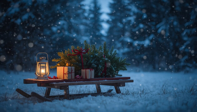 Wooden sled carrying a fresh Christmas tree, gifts and glowing lantern in snowy forest at blue hour