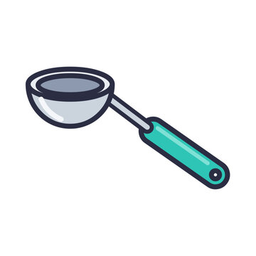 Melon baller with small half-sphere steel scoop and teal handle, flat kitchen utensil vector icon isolated on white background