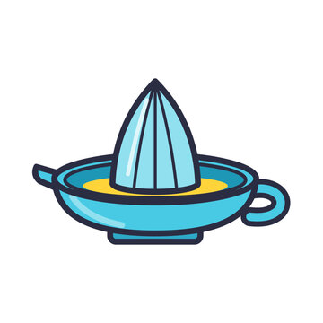 Citrus juicer with ribbed reamer cone, pouring spout, handle and fresh yellow juice in the dish, flat vector icon isolated on white background