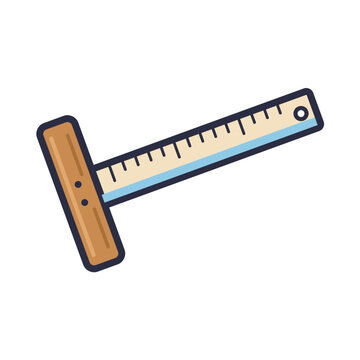 Wooden T-square drafting ruler with brown crossbar head, cream blade, blue clear edge and tick marks, flat vector icon isolated on white background