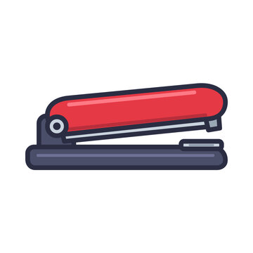 Red desk stapler side view with rear hinge, raised top arm, open front jaw and metal anvil plate, flat vector icon isolated on white background