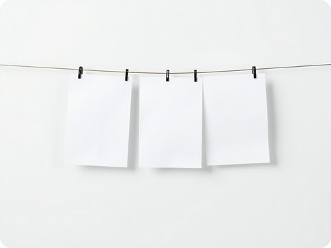 Three blank white paper sheets hanging on a clothesline with black clips