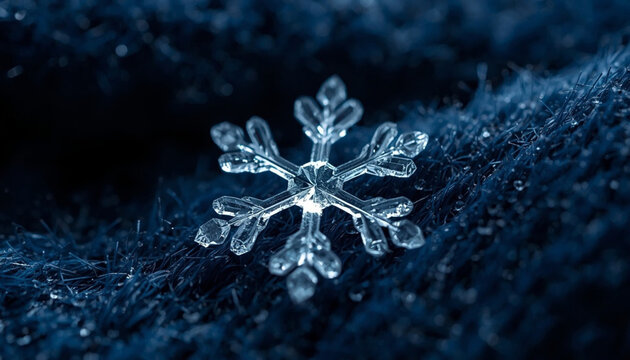 Macro photo of a single detailed snowflake ice crystal on dark blue wool fabric