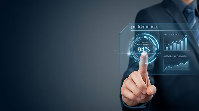 Businessman in a formal suit touching a futuristic digital hologram interface showing performance metrics, KPI tracking charts, historical growth data, and a 94 percent efficiency rating.