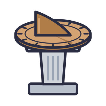 Bronze garden sundial with triangular gnomon, hour tick marks and stone pedestal, classic timekeeping vector icon isolated on white background