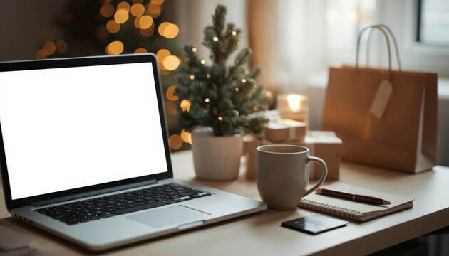 Laptop on cozy holiday desk with gifts, coffee and fairy lights, online Christmas shopping concept