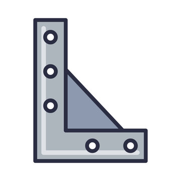 Metal L-shaped angle bracket with reinforcing gusset and screw holes, flat colorful vector icon isolated on white background