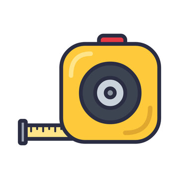 Yellow tape measure with dark center hub, red lock button and extended measuring tape with metal hook, flat vector icon isolated on white background