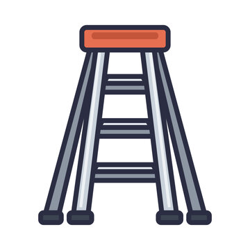 Aluminum step ladder in A-frame shape with flat treads, rear support legs and orange top cap, flat vector icon isolated on white background