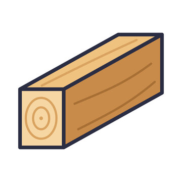 Wooden beam timber with end grain rings and warm brown tones, flat construction lumber vector icon isolated on white background