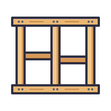 Wood stud wall framing with top plate, bottom plate and blocking, flat carpentry vector icon isolated on white background