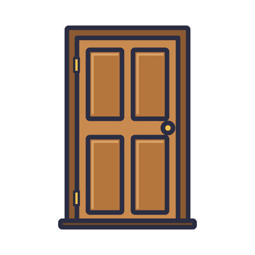 Classic brown wooden panel door with frame and gold doorknob, flat home vector icon isolated on white background