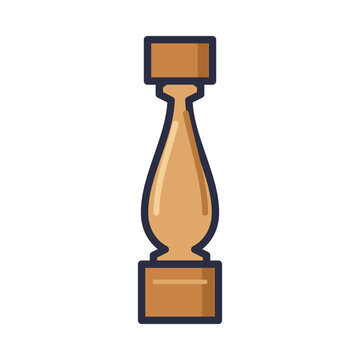 Turned wooden stair baluster with vase shaped profile and square blocks, flat vector icon isolated on white background