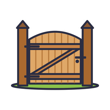 Arched wooden garden gate between two posts with brace, hinges and latch, flat vector icon isolated on white background