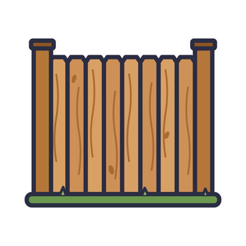 Wooden privacy fence section with dog-ear boards, sturdy posts and grass strip, flat backyard fencing vector icon isolated on white background