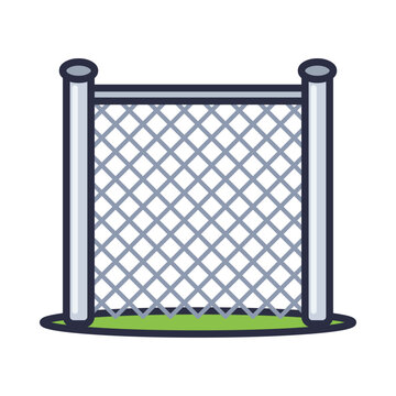 Chain-link fence with metal posts, top rail and diamond wire mesh, flat vector icon isolated on white background