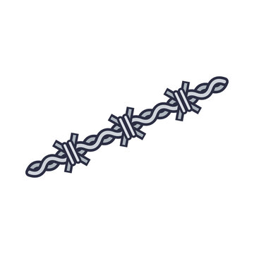Twisted double strand barbed wire with sharp metal barbs, flat security fence wire vector icon isolated on white background