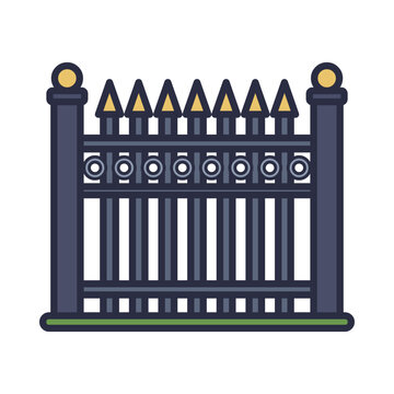 Black wrought iron fence with gold spear finials, decorative ring rail and posts, flat ornamental metal fencing vector icon isolated on white background
