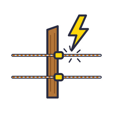 Electric fence wire on wooden post with yellow insulators and a lightning bolt, flat farm fencing vector icon isolated on white background