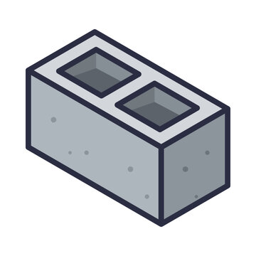 Gray concrete cinder block with two hollow cores shown in 3D view, flat masonry building material vector icon isolated on white background