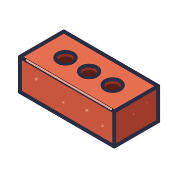 Red clay brick with three round holes shown in 3D view, flat masonry construction material vector icon isolated on white background