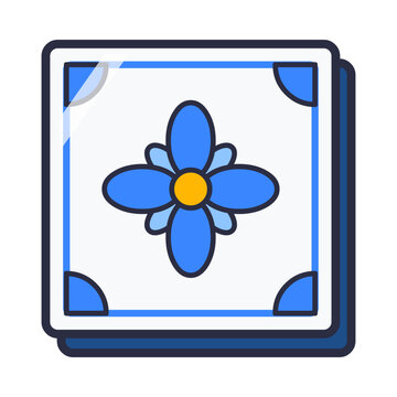 Glazed ceramic tile with blue floral pattern, corner motifs and glossy shine, flat decorative wall tile vector icon isolated on white background