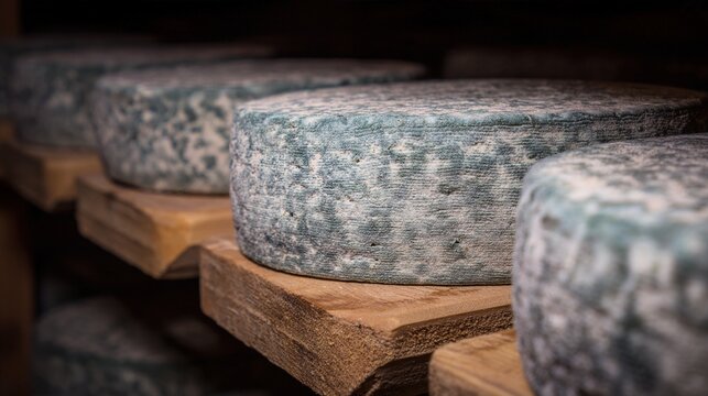roquefort. Roquefort cheese wheels with blue mold in a cellar. menu design, packaging mockups, designed for culinary blogs and recipe cards for restaurants, used by researchers.