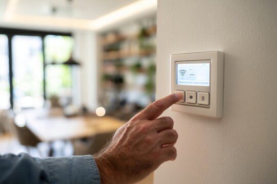 Person adjusting settings on modern wall mounted smart home climate control panel interface with thermostat modern living pressing button digital