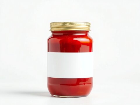Red jam in glass jar with white label