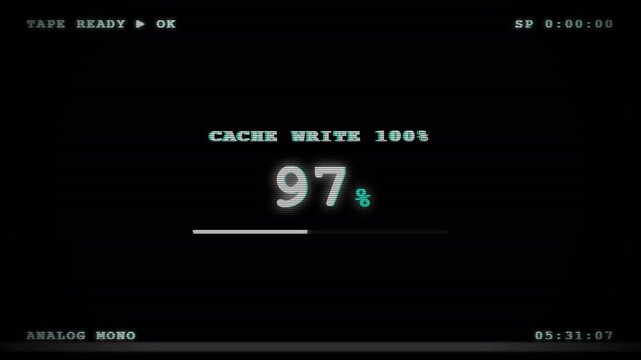Retro camcorder screen displaying a cache write progress loading bar