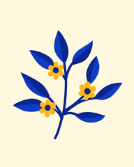 Minimal flat botanical illustration of a blue leafy branch with small yellow flowers, suitable for floral patterns, greeting cards, spring designs, stationery, posters, and nature themed graphics © Duks