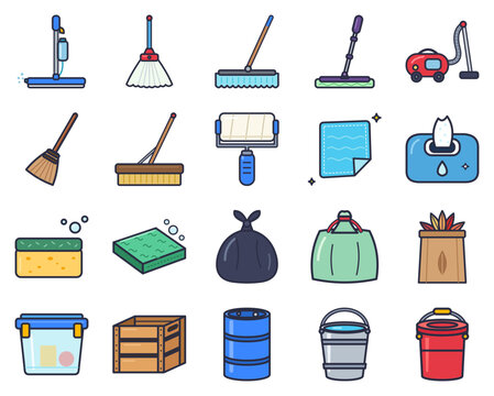 Set of 20 colorful flat vector icons: spray mop, string mop, dust mop, swiffer, vacuum cleaner, broomstick, push broom, lint roller, dust cloth and more isolated on white background