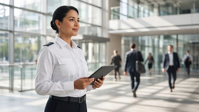 Professional Female Airline Pilot Holding Digital Tablet in Modern Airport Terminal