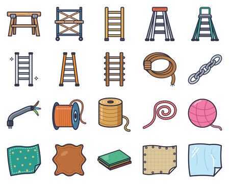 Set of 20 colorful flat vector icons: sawhorse, scaffolding, ladder, step ladder, platform ladder, aluminum ladder, fiberglass ladder and more isolated on white background
