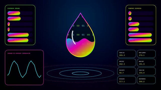 Digital empathy networks visualize flowing liquid gradients encased in illuminated teardrop icons alongside flickering binary sequences and moving wave line charts shown on a dark computer interface