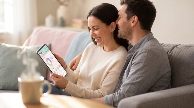 Happy couple sitting on a sofa looking at a budget app on a digital tablet, sharing a financial planning and wealth management concept for banking advertisements and fintech marketing.