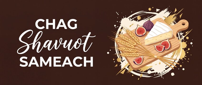 Shavuot Jewish holiday greeting banner featuring brie cheese, wheat stalks and fresh figs on a wooden cutting board, Chag Shavuot Sameach festive typography illustration for harvest celebration