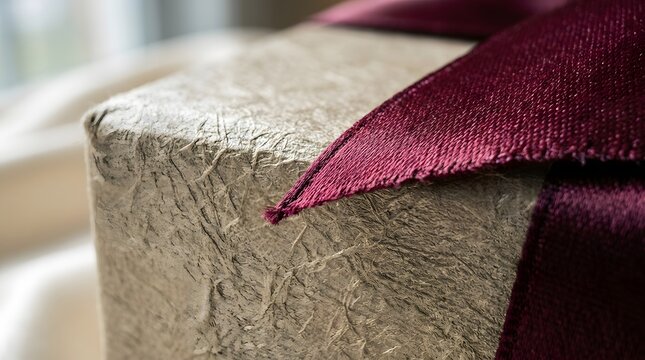 Macro shot of luxury gift box wrapped in textured paper with burgundy ribbon.