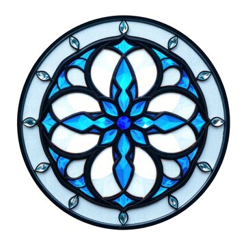 Blue stained glass circular rosette window with gems isolated