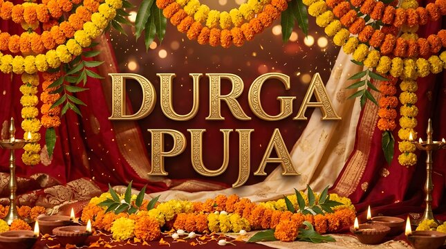Festive durga puja background with marigold flowers and traditional lamps