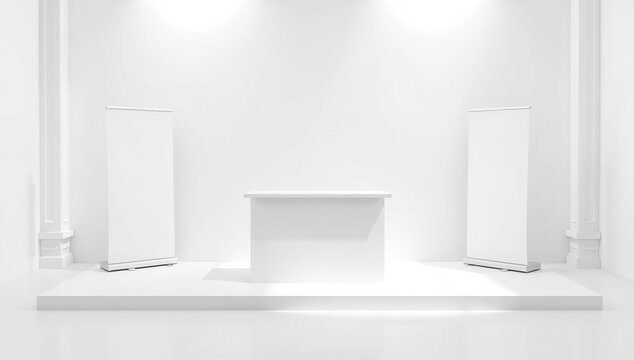 Minimalist display with two standee posters