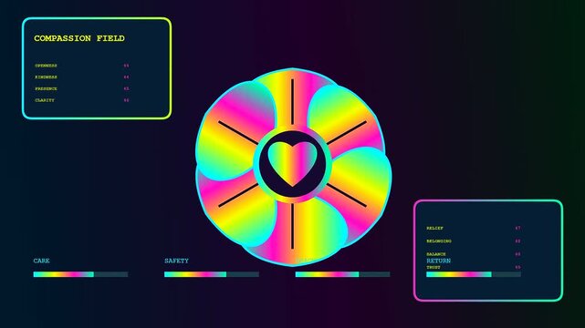 Digital empathy networks visualized through rotating iridescent flower petals surrounding a pulsing central heart icon displayed within three simultaneous data interface panels on dark screens